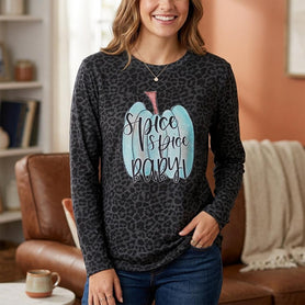 Spice Spice Baby Long Sleeve Shirt, Black Leopard Print Pumpkin Tee, Relaxed Fit Women's Fall Top, Cozy Autumn Apparel