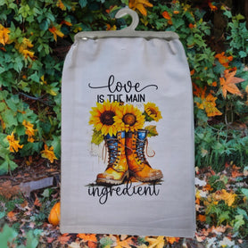 Love Is The Main Ingredient Tea Towel, Sunflower Boots Flour Sack Kitchen Towel, Fall Dish Towel, Thanksgiving Hostess Gift