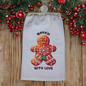 Baked With Love Tea Towel, Gingerbread Man Flour Sack Kitchen Towel, Christmas Dish Towel, Holiday Hostess Baking Gift