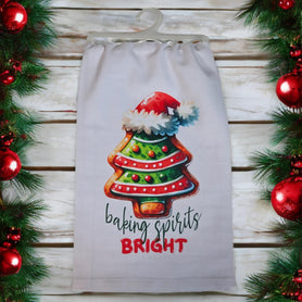 Baking Spirits Bright Tea Towel, Christmas Tree Cookie Flour Sack Kitchen Towel, Holiday Dish Towel, Christmas Baker Hostess Gift