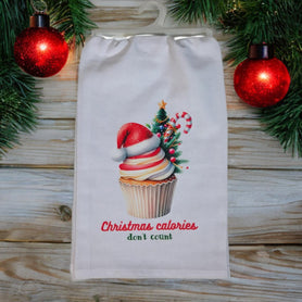 Christmas Calories Don't Count Tea Towel, Holiday Cupcake Flour Sack Kitchen Towel, Christmas Dish Towel, Funny Hostess Baking Gift