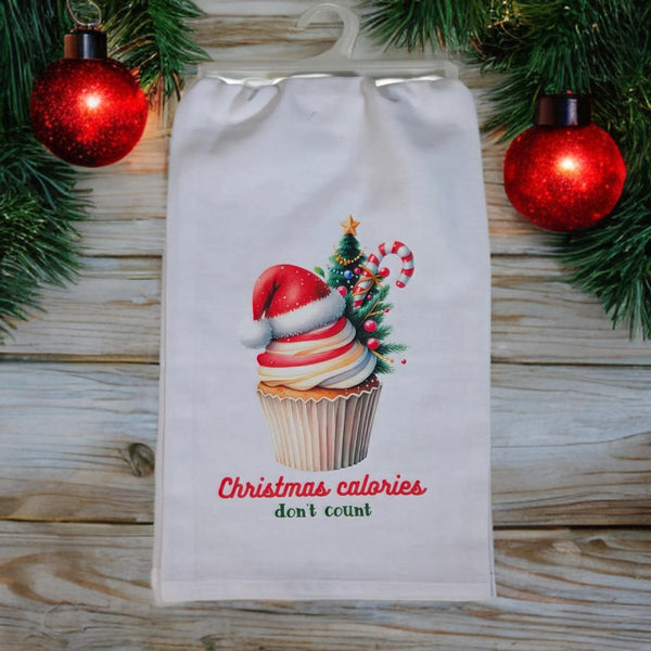 Christmas Calories Don't Count Tea Towel, Holiday Cupcake Flour Sack Kitchen Towel, Christmas Dish Towel, Funny Hostess Baking Gift