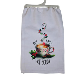 But First Hot Cocoa Tea Towel, Winter Coffee Bar Flour Sack Kitchen Towel, Christmas Dish Towel, Holiday Hostess Gift