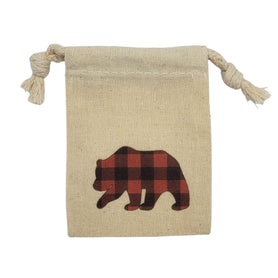 Red Buffalo Plaid Bear Muslin Favor Bag – 3" x 4" Cotton Drawstring Gift Pouch