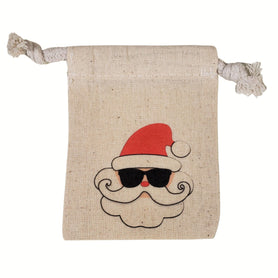 Cool Santa Muslin Gift Bag, 3x4 Cotton Drawstring Pouch, Sunglasses Santa Holiday Favor Bag, Christmas Jewelry Packaging