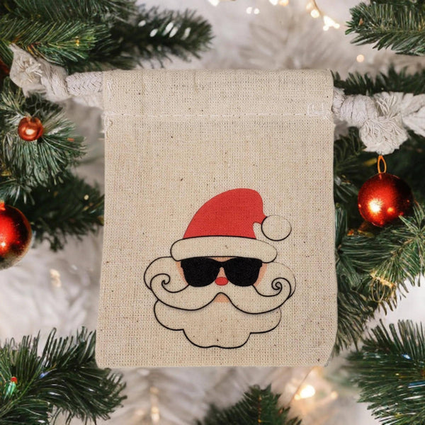 Cool Santa Muslin Gift Bag, 3x4 Cotton Drawstring Pouch, Sunglasses Santa Holiday Favor Bag, Christmas Jewelry Packaging