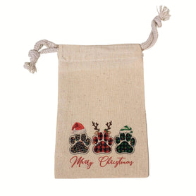 Merry Christmas Dog Paws Gift Bag, 4x6 Cotton Muslin Drawstring Pouch, Holiday Pet Lover Favor Bag, Christmas Treat Packaging