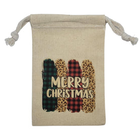 Merry Christmas Plaid Leopard Gift Bag, 4x6 Cotton Muslin Drawstring Pouch, Rustic Holiday Favor Bag, Small Treat Packaging