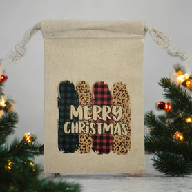 Merry Christmas Plaid Leopard Gift Bag, 4x6 Cotton Muslin Drawstring Pouch, Rustic Holiday Favor Bag, Small Treat Packaging