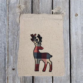 Plaid Reindeer Muslin Gift Bag, 4x6 Cotton Drawstring Pouch, Rustic Christmas Favor Bag, Holiday Jewelry Packaging