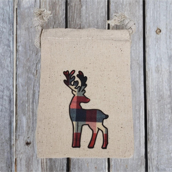 Plaid Reindeer Muslin Gift Bag, 4x6 Cotton Drawstring Pouch, Rustic Christmas Favor Bag, Holiday Jewelry Packaging