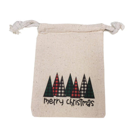 Plaid Christmas Trees Muslin Gift Bag, 4x6 Cotton Drawstring Pouch, Rustic Holiday Favor Bag, Small Treat Packaging