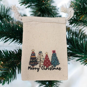 Wild Christmas Trees Muslin Gift Bag, 4x6 Cotton Drawstring Pouch, Leopard Western Tree Favor Bag, Holiday Treat Packaging