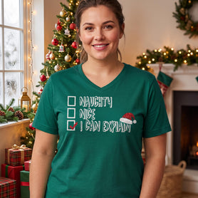 Naughty, Nice, I Can Explain Glitter Christmas V Neck Shirt, Funny Holiday Graphic Tee, Christmas Party Humor T Shirt