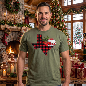 Texas Christmas Shirt, Red Plaid Texas Military Green Tee, Vintage Camper Van Unisex T Shirt, Couples Matching Holiday Shirt