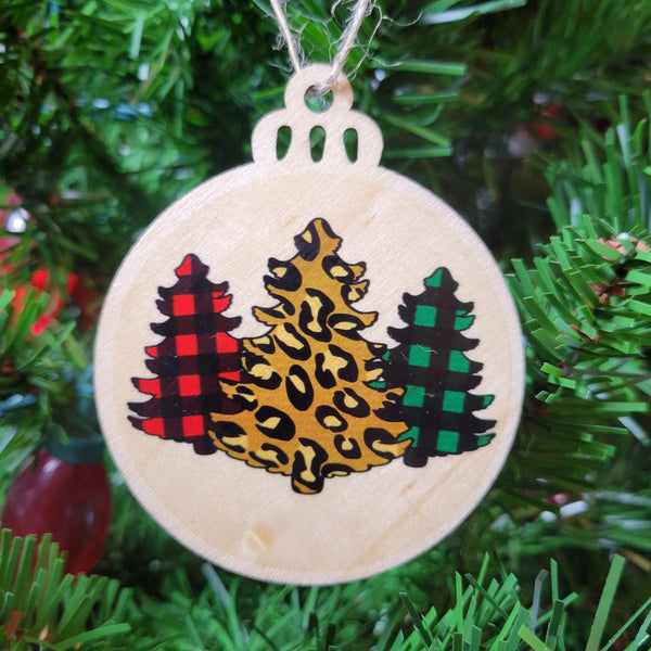 Leopard Print Christmas Trees Wood Ornament, Plaid Holiday Tree Bauble, Rustic Laser Cut Wooden Decor, Boho Western Xmas Gift