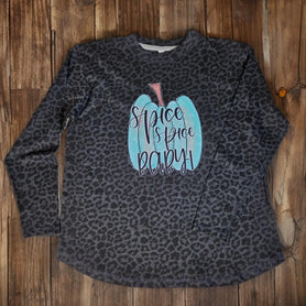 Spice Spice Baby Long Sleeve Shirt, Black Leopard Print Pumpkin Tee, Relaxed Fit Women's Fall Top, Cozy Autumn Apparel