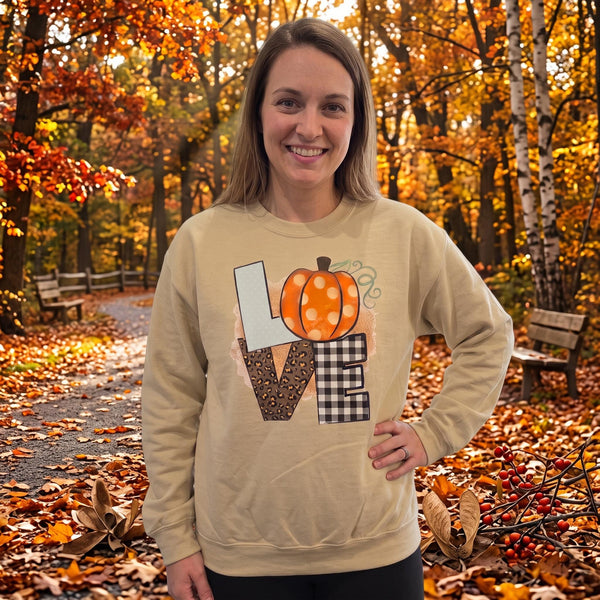 Fall Love Pumpkin Sweatshirt, Sand Crewneck Graphic Sweater, Buffalo Plaid Leopard Autumn Pullover, Cozy Fall Apparel
