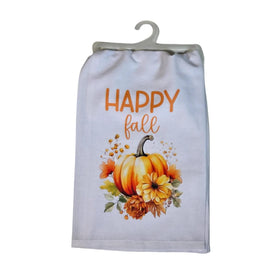 Happy Fall Pumpkin Tea Towel, 100% Cotton Flour Sack Dish Towel with Hanging Loop, Autumn Kitchen Decor, Thanksgiving Hostess Gift