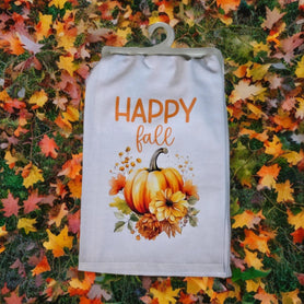 Happy Fall Pumpkin Tea Towel, 100% Cotton Flour Sack Dish Towel with Hanging Loop, Autumn Kitchen Decor, Thanksgiving Hostess Gift