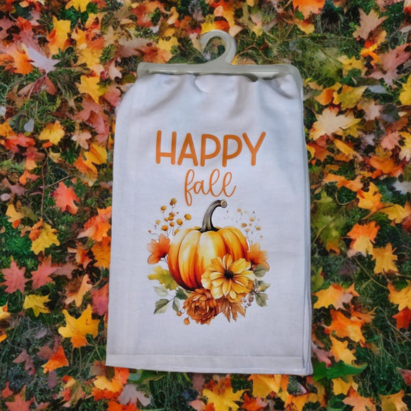 Happy Fall Pumpkin Tea Towel, 100% Cotton Flour Sack Dish Towel with Hanging Loop, Autumn Kitchen Decor, Thanksgiving Hostess Gift