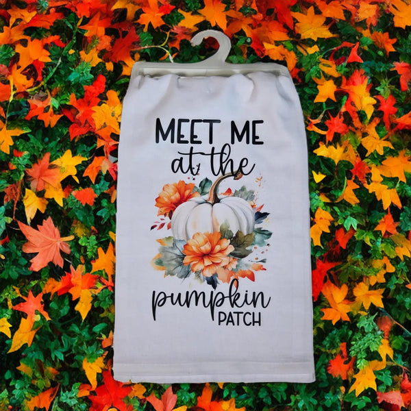 Meet Me At The Pumpkin Patch Tea Towel, White Pumpkin Flour Sack Kitchen Towel, Fall Dish Towel, Autumn Hostess Gift