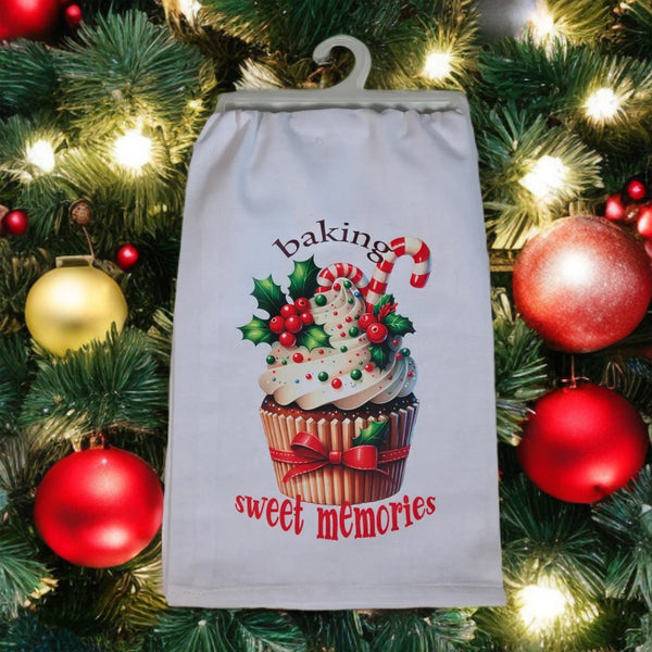 Baking Sweet Memories Tea Towel, Christmas Cupcake Flour Sack Kitchen Towel, Holiday Dish Towel, Christmas Baker Hostess Gift