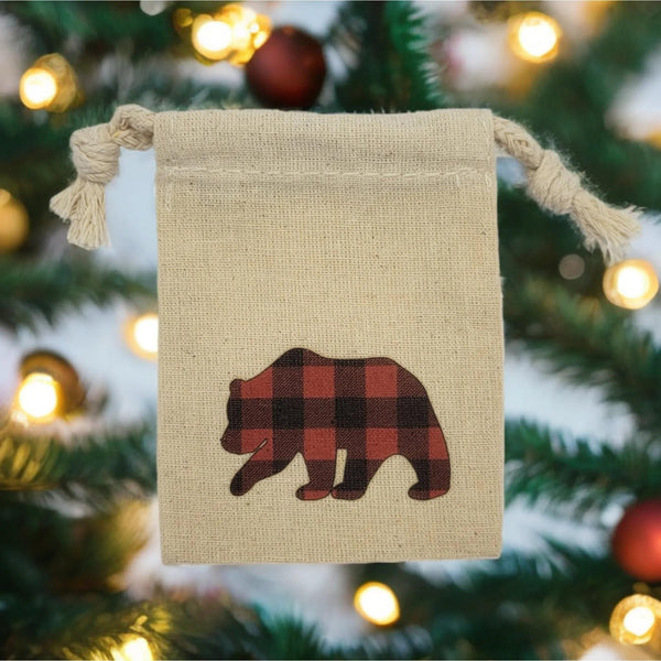 Red Buffalo Plaid Bear Muslin Favor Bag – 3" x 4" Cotton Drawstring Gift Pouch