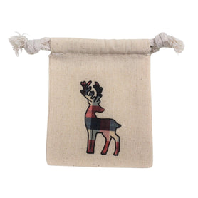 Plaid Reindeer Muslin Gift Bag, 3x4 Cotton Drawstring Pouch, Rustic Christmas Favor Bag, Holiday Jewelry Packaging