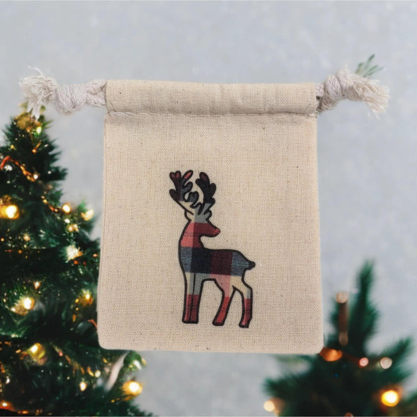 Plaid Reindeer Muslin Gift Bag, 3x4 Cotton Drawstring Pouch, Rustic Christmas Favor Bag, Holiday Jewelry Packaging