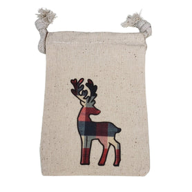 Plaid Reindeer Muslin Gift Bag, 4x6 Cotton Drawstring Pouch, Rustic Christmas Favor Bag, Holiday Jewelry Packaging