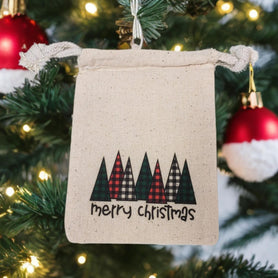 Plaid Christmas Trees Muslin Gift Bag, 4x6 Cotton Drawstring Pouch, Rustic Holiday Favor Bag, Small Treat Packaging
