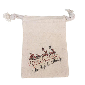 Up Up And Away Santa Sleigh Muslin Gift Bag, 4x6 Cotton Drawstring Pouch, Rustic Christmas Favor Bag, Holiday Treat Packaging