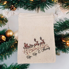 Up Up And Away Santa Sleigh Muslin Gift Bag, 4x6 Cotton Drawstring Pouch, Rustic Christmas Favor Bag, Holiday Treat Packaging