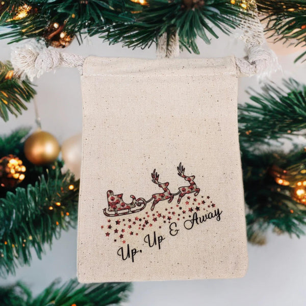 Up Up And Away Santa Sleigh Muslin Gift Bag, 4x6 Cotton Drawstring Pouch, Rustic Christmas Favor Bag, Holiday Treat Packaging