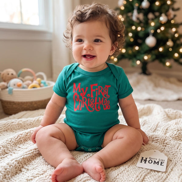 My First Christmas Baby Bodysuit, Green Retro Holiday Infant Outfit, 1st Christmas Baby Shower Gift, Xmas Baby Clothes