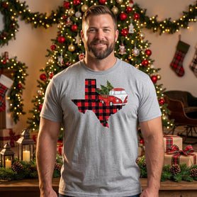 Texas Christmas Shirt, Red Buffalo Plaid Texas Holiday Tee, Vintage Camper Van Unisex T Shirt, Couples Matching Christmas Shirt
