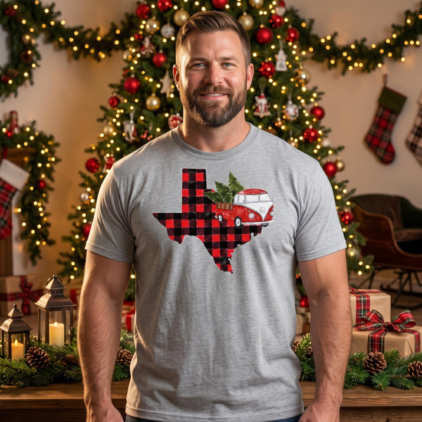 Texas Christmas Shirt, Red Buffalo Plaid Texas Holiday Tee, Vintage Camper Van Unisex T Shirt, Couples Matching Christmas Shirt