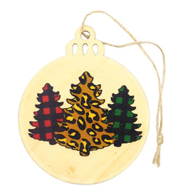 Leopard Print Christmas Trees Wood Ornament, Plaid Holiday Tree Bauble, Rustic Laser Cut Wooden Decor, Boho Western Xmas Gift