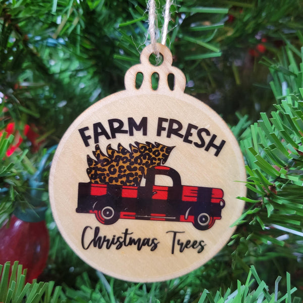 Farm Fresh Christmas Trees Wood Ornament, Red Plaid Vintage Truck Bauble, Leopard Tree Wooden Decor, Rustic Holiday Tag