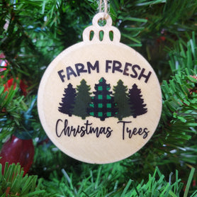 Farm Fresh Christmas Trees Wood Ornament, Green Plaid Pine Tree Bauble, Rustic Laser Cut Holiday Decor, Farmhouse Xmas Gift Tag