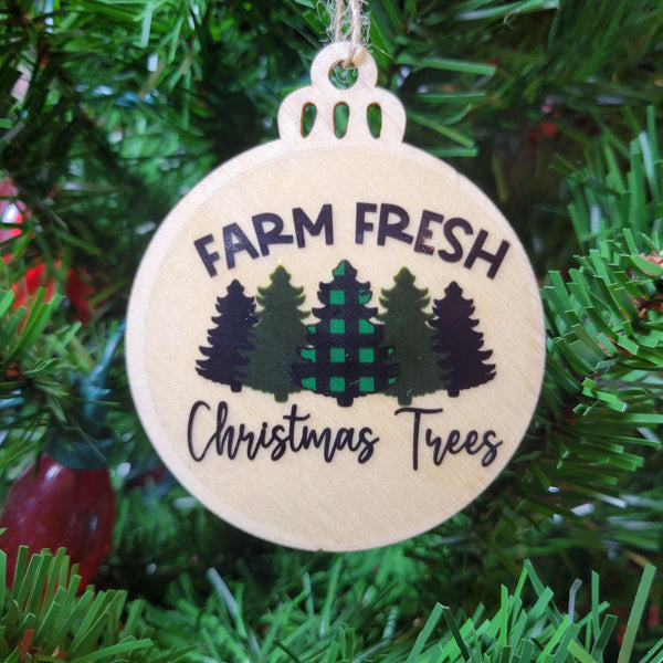 Farm Fresh Christmas Trees Wood Ornament, Green Plaid Pine Tree Bauble, Rustic Laser Cut Holiday Decor, Farmhouse Xmas Gift Tag