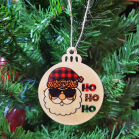 Cool Santa Wood Ornament, Plaid Leopard Sunglasses Santa Bauble, Rustic Laser Cut Christmas Decor, Western Boho Xmas Gift