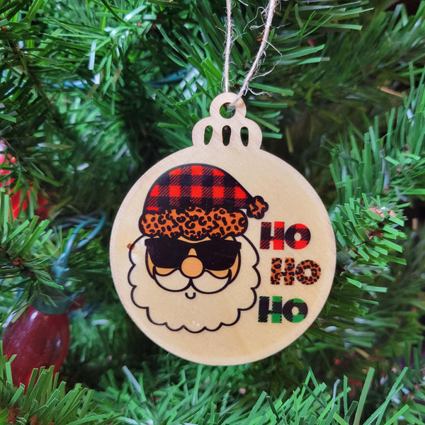 Cool Santa Wood Ornament, Plaid Leopard Sunglasses Santa Bauble, Rustic Laser Cut Christmas Decor, Western Boho Xmas Gift