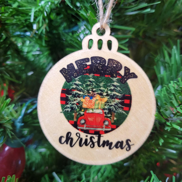 Vintage Red Car Christmas Ornament, Retro Car Merry Christmas Wood Bauble, Laser Cut Holiday Decor, Rustic Car Gift Tag