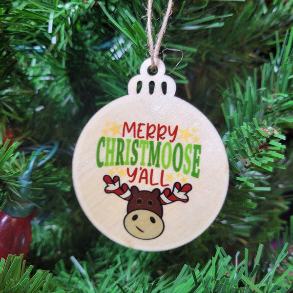 Merry Christmoose Y'all Wood Ornament, Funny Moose Christmas Tree Bauble, Rustic Laser Cut Holiday Decor, Southern Holiday Gift Tag