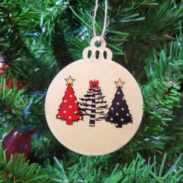 Whimsical Christmas Trees Wood Ornament, Polka Dot Striped Tree Bauble, Rustic Laser Cut Holiday Decor, Modern Farmhouse Xmas Gift