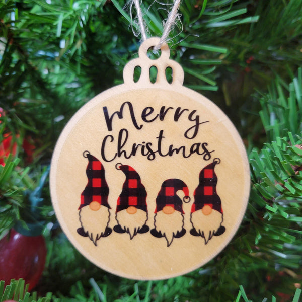 Merry Christmas Plaid Gnomes Wood Ornament, Buffalo Check Gonk Tree Bauble, Rustic Laser Cut Holiday Decor, Nordic Christmas Gift Tag