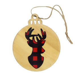 Red Plaid Reindeer Wood Ornament, Buffalo Check Buck Bauble, Rustic Laser Cut Christmas Decor, Farmhouse Stag Holiday Gift Tag