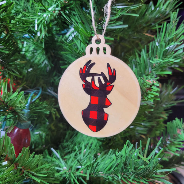 Red Plaid Reindeer Wood Ornament, Buffalo Check Buck Bauble, Rustic Laser Cut Christmas Decor, Farmhouse Stag Holiday Gift Tag